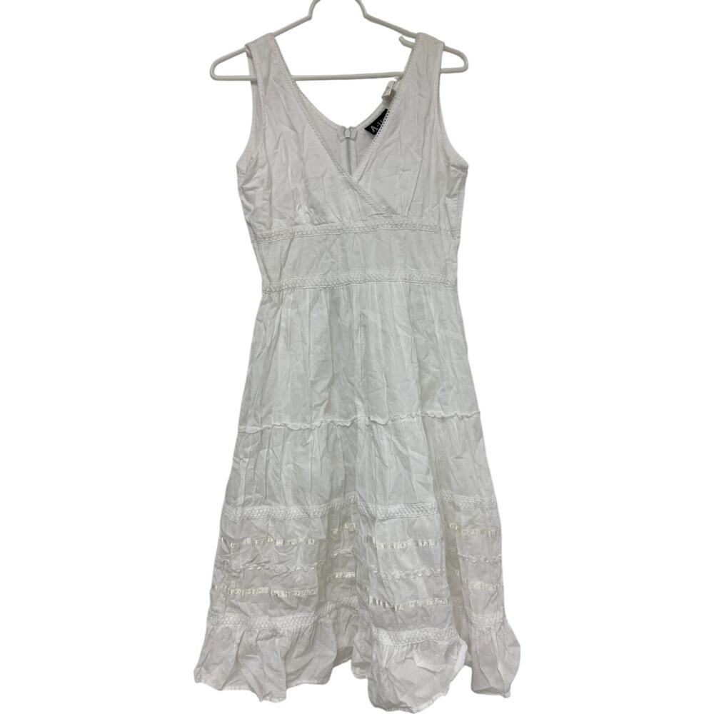 A List By Wrapper Tiered Dress Womens Size 9 White Sleeveless V Neck Cotton